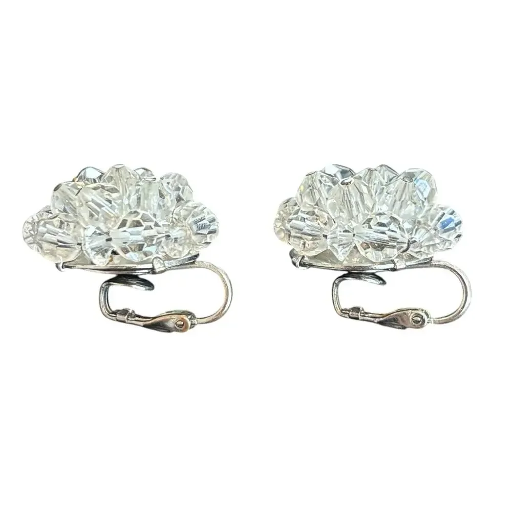 Vintage Laguna Clear Crystal Beaded Cluster Clip On Earrings Signed Silver Tone